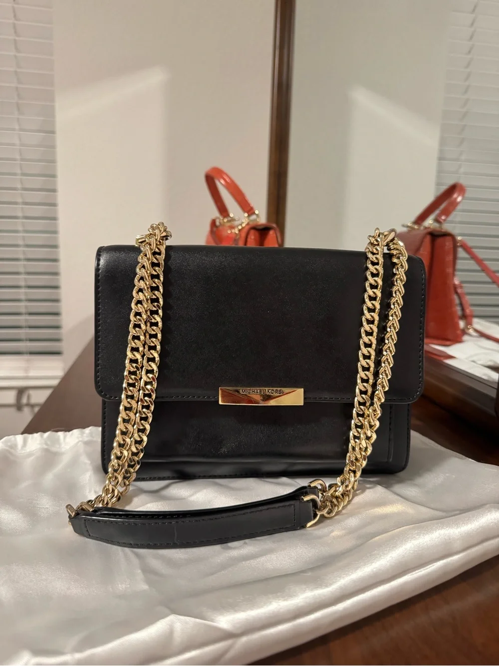 Michael Kors Jade Black Leather Shoulder Bag with Gold Chain Detail